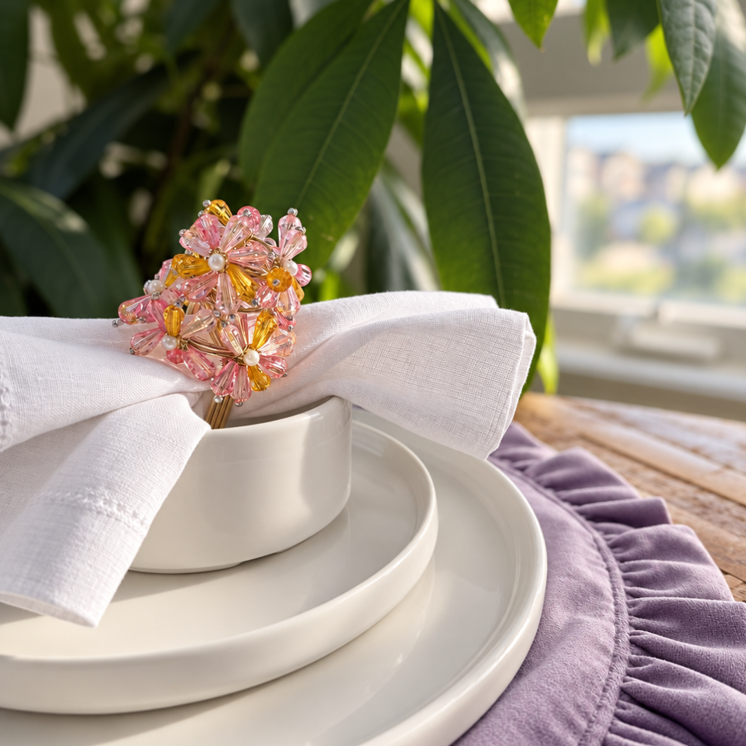 Sunset Bloom Beaded Napkin Rings – Pink, Gold & Pearl