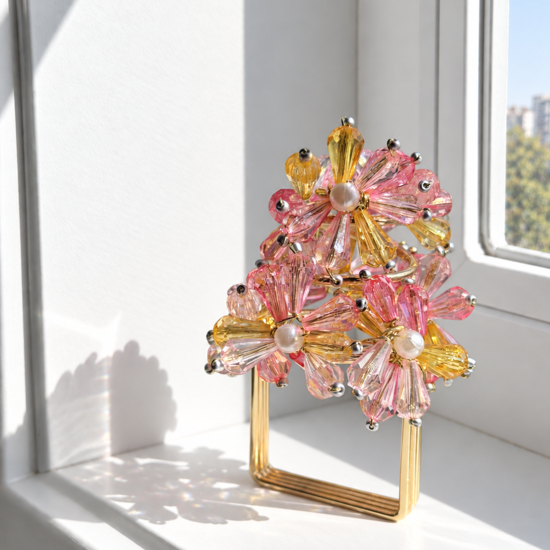 Sunset Bloom Beaded Napkin Rings – Pink, Gold & Pearl