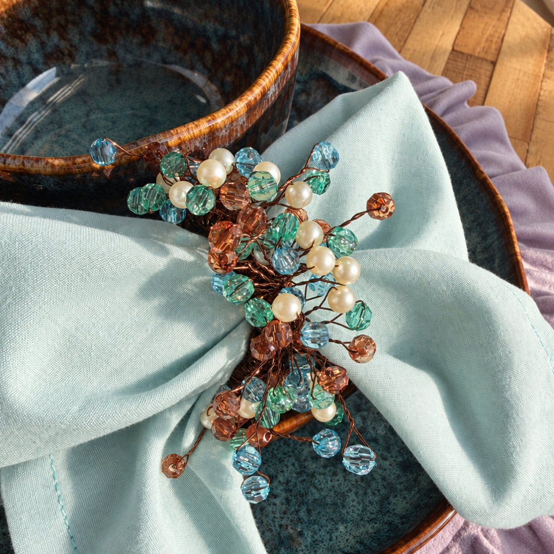 Forest Jewels Beaded Napkin Rings – Green, Amber & Pearl