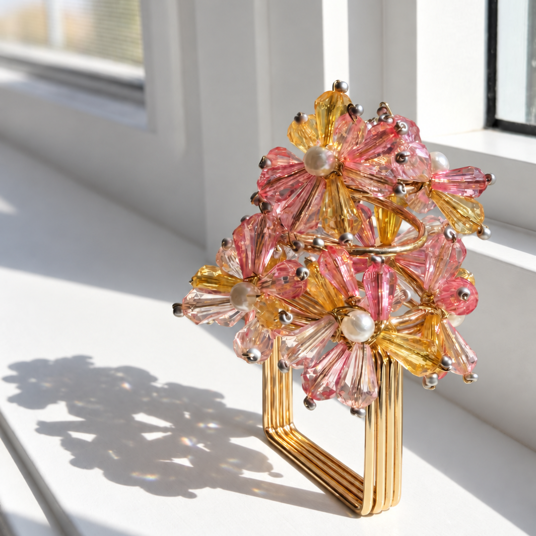 Sunset Bloom Beaded Napkin Rings – Pink, Gold & Pearl
