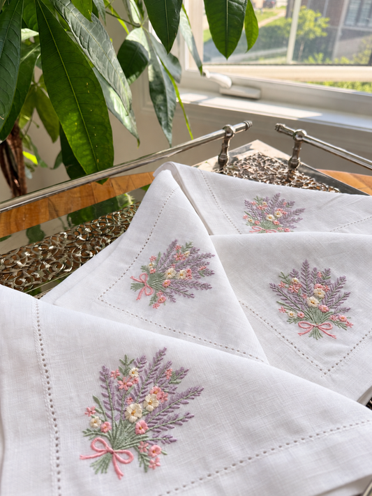 Embroidered Linen Napkin Set – Lavender Botanical