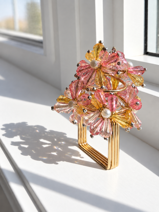 Sunset Bloom Beaded Napkin Rings – Pink, Gold & Pearl