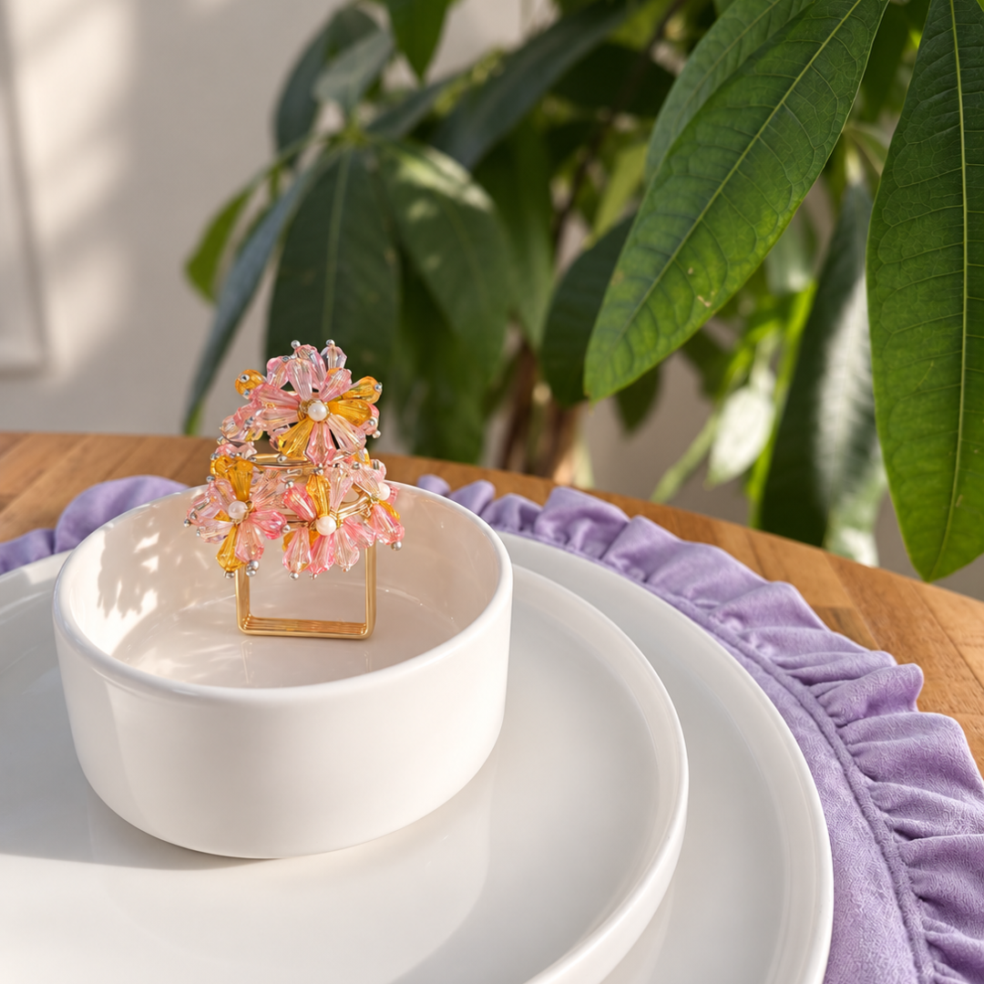 Sunset Bloom Beaded Napkin Rings – Pink, Gold & Pearl