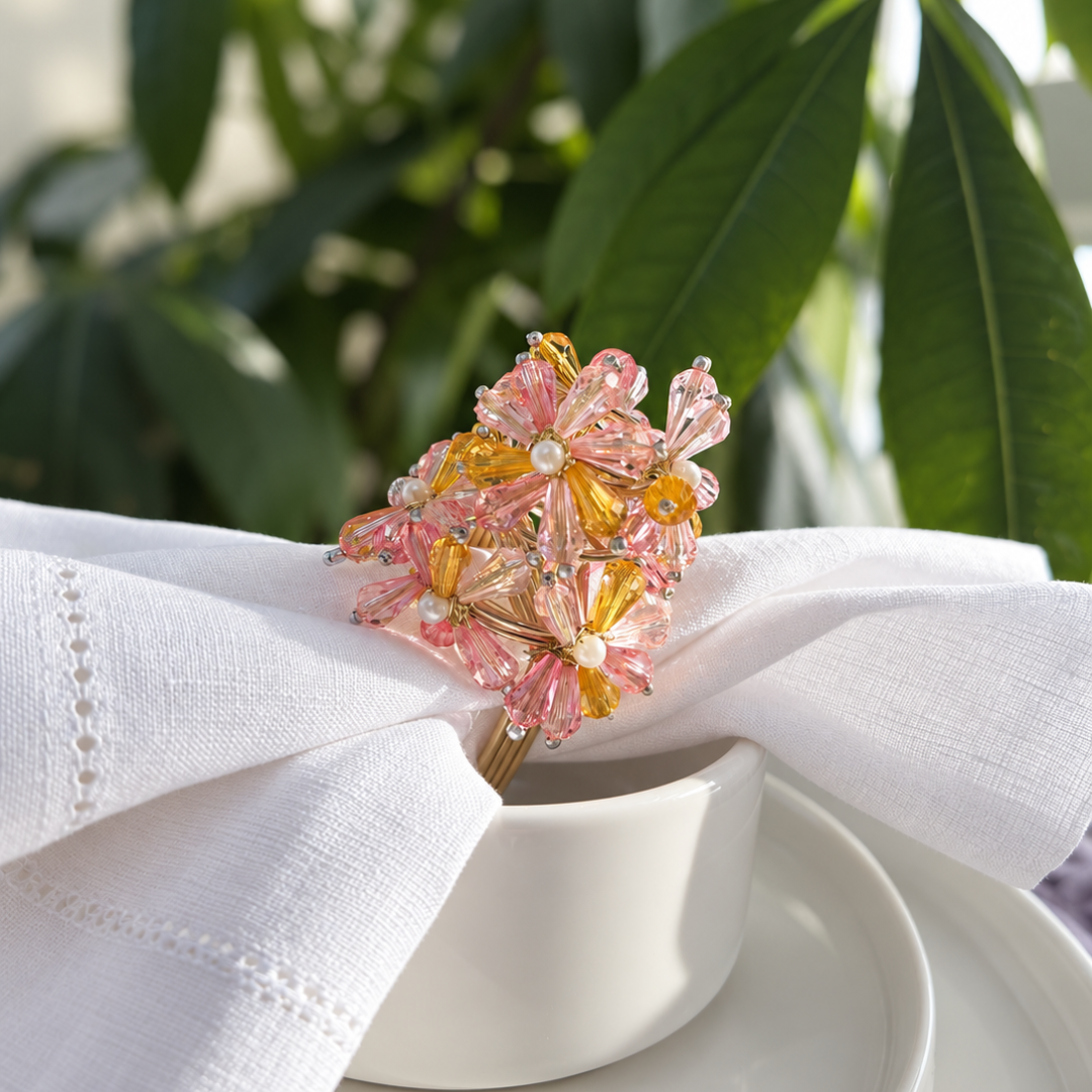 Sunset Bloom Beaded Napkin Rings – Pink, Gold & Pearl