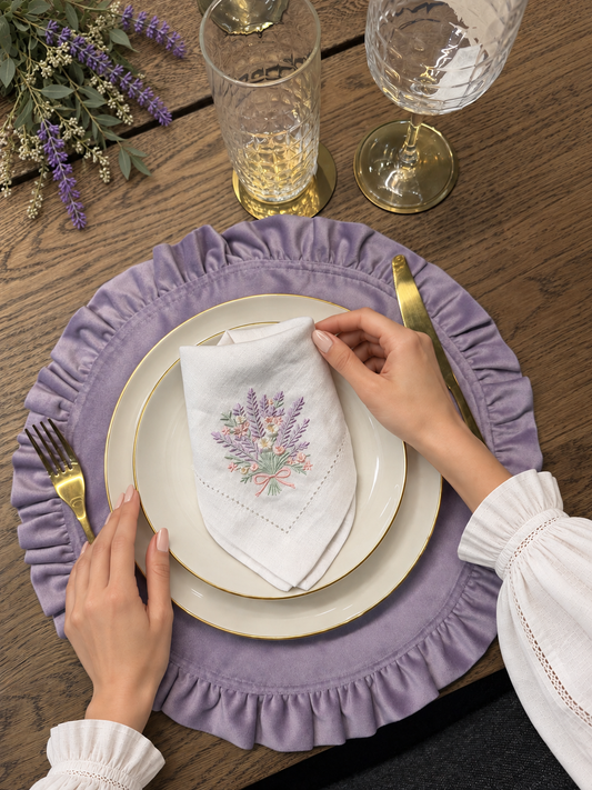 Embroidered Linen Napkin & Ruffled Velvet Placemat Set – Lavender